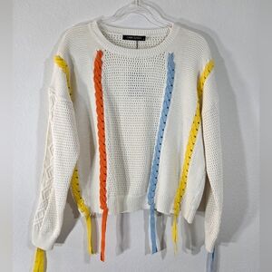GABBY ISABELLA White Open Knit Braided Ribbon Crewneck Playful Popover Sweater